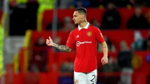 epa10393036 Manchester United's Antony reacts after scoring the opener for 1-0 against Evereton during the FA Cup third round match between Manchester United and Everton in Manchester, Britain, 06 January 2023. EPA/Peter Powell EDITORIAL USE ONLY. No use with unauthorized audio, video, data, fixture lists, club/league logos or 'live' services. Online in-match use limited to 120 images, no video emulation. No use in betting, games or single club/league/player publications