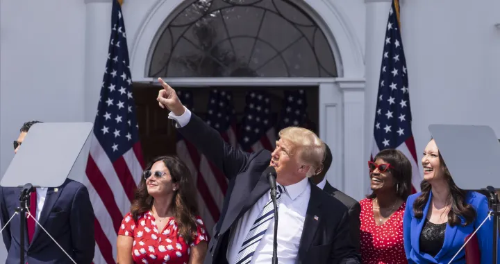 epa09329220 Former US President Donald J. Trump points an airplane during a press conference at Trump National Golf Club Bedminster in Bedminster, New Jersey, USA, 07 July 2021. At the event, Trump announced plans to file a class action lawsuit against Facebook and Twitter for alleged censorship. EPA/JUSTIN LANE/Justin Lane