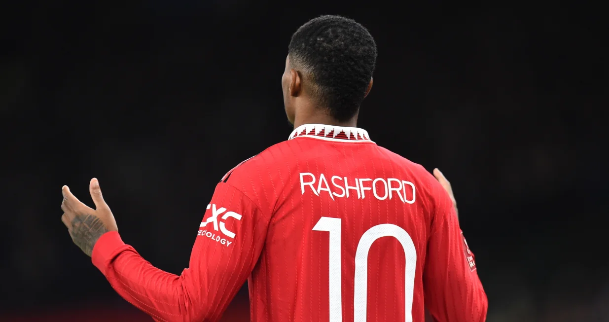 epa10393016 Manchester United's Marcus Rashford reacts before the start of the FA Cup third round match between Manchester United and Everton in Manchester, Britain, 06 January 2023. EPA/Peter Powell EDITORIAL USE ONLY. No use with unauthorized audio, video, data, fixture lists, club/league logos or 'live' services. Online in-match use limited to 120 images, no video emulation. No use in betting, games or single club/league/player publications