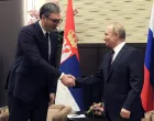 epa09602395 Russian President Vladimir Putin (R) and his Serbian counterpart Aleksandar Vucic (L) shake hands during a meeting in the Black Sea resort of Sochi, Russia, 25 November 2021. Vucic is on a working visit to Russia. EPA/MIKHAIL KLIMENTYEV/KREMLIN POOL/SPUTNIK MANDATORY CREDIT/Mikhail Klimentyev/Kremlin Pool/Sputnik