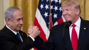 epa08939629 (FILE) US President Donald J. Trump (R) shakes hands with Prime Minister of Israel Benjamin Netanyahu (L) while unveiling his Middle East peace plan in the East Room of the White House, in Washington, DC, USA, 28 January 2020. The presidency of Donald Trump, which records two presidential impeachments, will end at noon on 20 January 2021. EPA/MICHAEL REYNOLDS *** Local Caption *** 55828472/Michael Reynolds