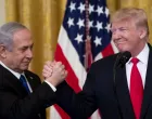 epa08939629 (FILE) US President Donald J. Trump (R) shakes hands with Prime Minister of Israel Benjamin Netanyahu (L) while unveiling his Middle East peace plan in the East Room of the White House, in Washington, DC, USA, 28 January 2020. The presidency of Donald Trump, which records two presidential impeachments, will end at noon on 20 January 2021. EPA/MICHAEL REYNOLDS *** Local Caption *** 55828472/Michael Reynolds