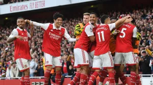 epa10275372 Arsenal's Thomas Partey (R) celebrates with teammates after scoring for the 4-0 lead during the English Premier League soccer match between Arsenal FC and Nottingham Forest in London, Britain, 30 October 2022. EPA/ANDY RAIN EDITORIAL USE ONLY. No use with unauthorized audio, video, data, fixture lists, club/league logos or 'live' services. Online in-match use limited to 120 images, no video emulation. No use in betting, games or single club/league/player publications