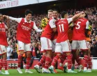 epa10275372 Arsenal's Thomas Partey (R) celebrates with teammates after scoring for the 4-0 lead during the English Premier League soccer match between Arsenal FC and Nottingham Forest in London, Britain, 30 October 2022. EPA/ANDY RAIN EDITORIAL USE ONLY. No use with unauthorized audio, video, data, fixture lists, club/league logos or 'live' services. Online in-match use limited to 120 images, no video emulation. No use in betting, games or single club/league/player publications