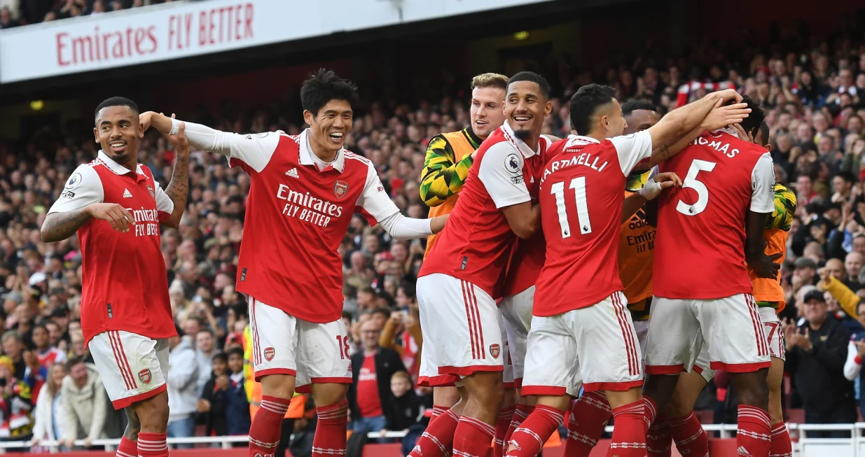 epa10275372 Arsenal's Thomas Partey (R) celebrates with teammates after scoring for the 4-0 lead during the English Premier League soccer match between Arsenal FC and Nottingham Forest in London, Britain, 30 October 2022. EPA/ANDY RAIN EDITORIAL USE ONLY. No use with unauthorized audio, video, data, fixture lists, club/league logos or 'live' services. Online in-match use limited to 120 images, no video emulation. No use in betting, games or single club/league/player publications