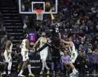 epa10340777 Sacramento Kings center Alex Len (C) goes to the basket for two points against the Indiana Pacers during the second half of the NBA game at Golden 1 Center in Sacramento, California, USA, 30 November 2022. EPA/JOHN G. MABANGLO SHUTTERSTOCK OUT