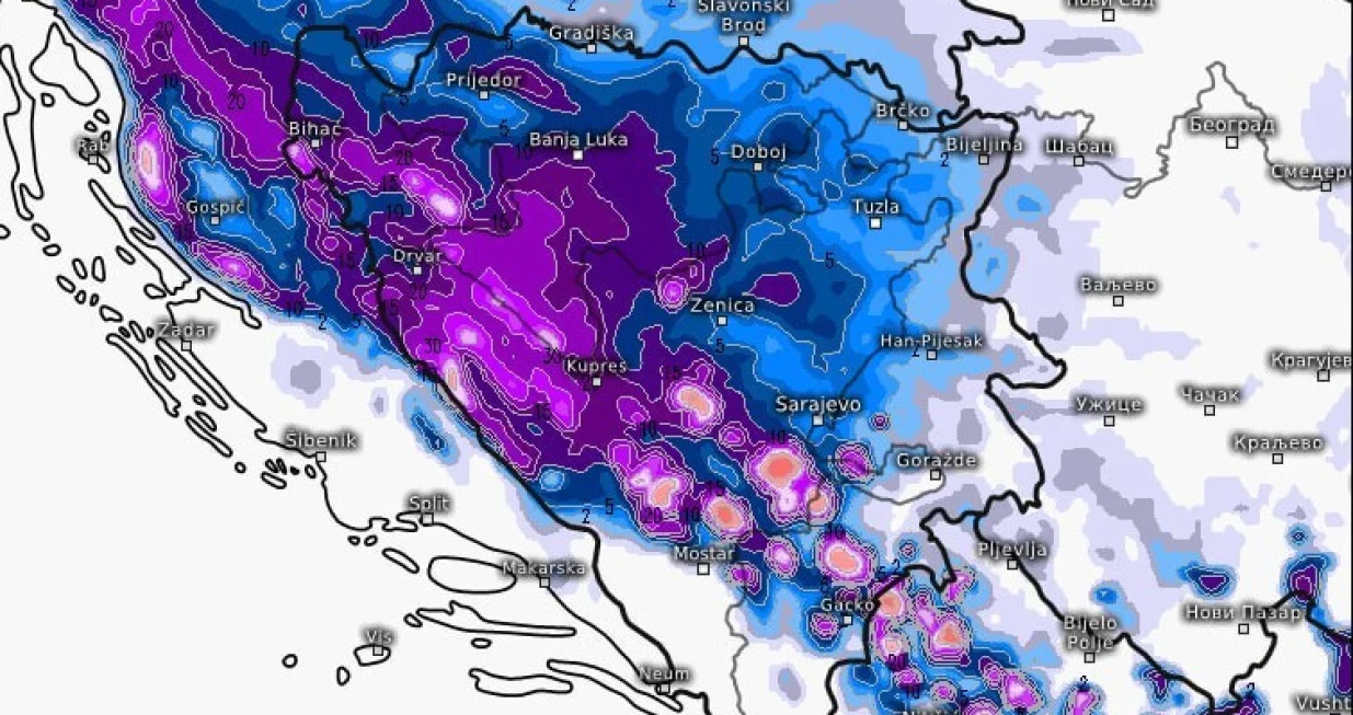 Okvirna visina snježnog pokrivača u subotu(15.02) ujutru. Određena odstupanja u odnosu na mapu su moguća ali okvirno bi to trebalo izgledati slično/Bhmeteo