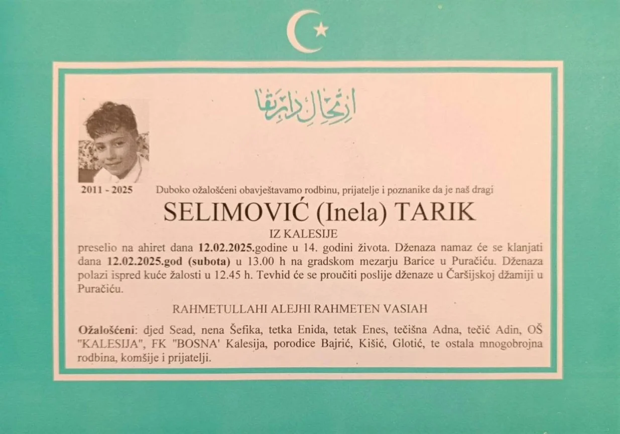 Tarik Selimović, Kalesija, dvostuko ubistvo, Emir Selimović ubio sina Tarika i suprugu Inelu Selimović, Inela Selimović, dženaza, smrtovnica/