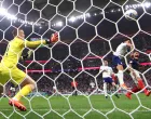 epa10360286 Olivier Giroud of France (R) scores the second goal of his team during the FIFA World Cup 2022 quarter final soccer match between England and France at Al Bayt Stadium in Al Khor, Qatar, 10 December 2022. EPA/Tolga Bozoglu