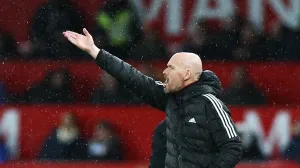 epa10387776 Manchester United Manager Erik ten Hag during the English Premier League soccer match between Manchester United and AFC Bournemouth, in Manchester, Britain, 03 January 2023. EPA/ADAM VAUGHAN EDITORIAL USE ONLY. No use with unauthorized audio, video, data, fixture lists, club/league logos or 'live' services. Online in-match use limited to 120 images, no video emulation. No use in betting, games or single club/league/player publications.