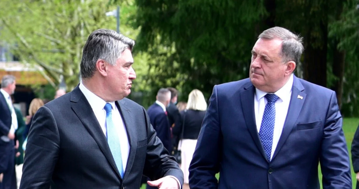 Zoran Milanović and Milorad Dodik walk after the Brdo-Brijuni Process summit in Brdo pri Kranju, Slovenia, 17 May 2021. The Brdo-Brijuni Process was initiated at the presidential level in 2013 while prime-ministerial meetings began in 2011 to focus on the enlargement of the European Union with countries of the Western Balkans. The summit groups leaders from Croatia, Albania, Montenegro, Kosovo, North Macedonia, Serbia and the Bosnia-Herzegovina. EPA/IGOR KUPLJENIK/Igor Kupljenik