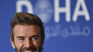 epa09852826 David Beckham, UNICEF Ambassador and Former Professional Footballer speaks during the Plenary Session of the final day of Doha Forum at the Sheraton Grand Doha Resort & Convention Hotel in Doha, Qatar, 27 March 2022. EPA/NOUSHAD THEKKAYIL