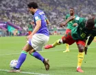 epa10345263 Collins Fai (R) of Cameroon in action against Marquinhos (L) of Brazil during the FIFA World Cup 2022 group G soccer match between Cameroon and Brazil at Lusail Stadium in Lusail, Qatar, 02 December 2022. EPA/Abedin Taherkenareh