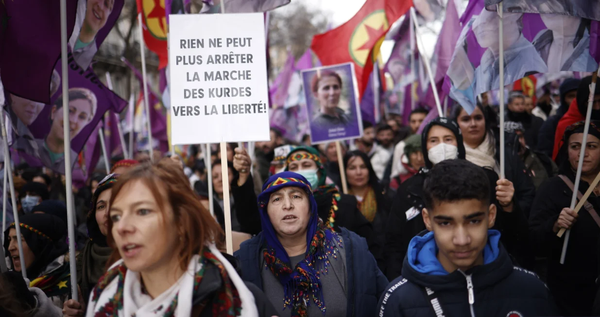 epaselect epa10394174 Members of the Kurdish community take part in a demonstration marking the 10th anniversary of the killing of three Kurdistan Workers Party (PKK) members in Paris, France, 07 January 2023. Three Kurdish women, including the founding member of the PKK, were shot dead at a community center in Paris on 10 January 2013. The commemoration comes a few days after a gunman opened fire outside a Kurdish cultural center in central Paris on 23 December 2022, killing three people. EPA/YOAN VALAT/Yoan Valat