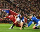 epa10223773 Luis Diaz of Liverpool FC (L) in action against Leon King of Rangers FC (R) during the UEFA Champions League group A soccer match between Liverpool FC and Rangers FC in Liverpool, Britain, 04 October 2022. EPA/Peter Powell