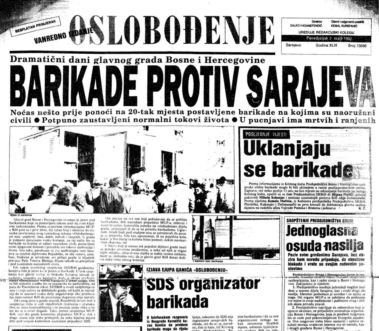 Barikade protiv Sarajeva/ Arhiv Oslobođenja/