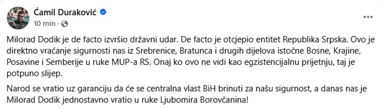 Objava Ćamila Durakovića na facebooku/