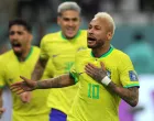 epaselect epa10357379 Neymar (R) of Brazil celebrates after scoring the 1-0 lead during the FIFA World Cup 2022 quarter final soccer match between Croatia and Brazil at Education City Stadium in Doha, Qatar, 09 December 2022. EPA/Friedemann Vogel