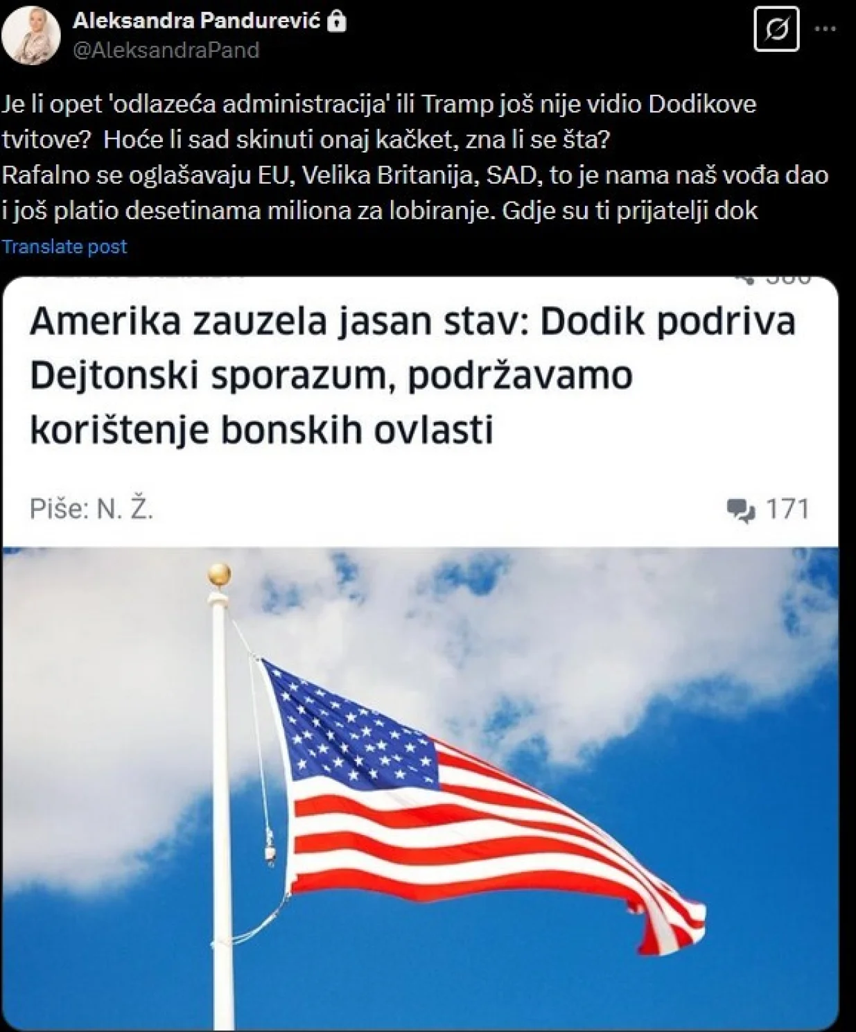 Poruka Aleksandre Pandurević na X-u/