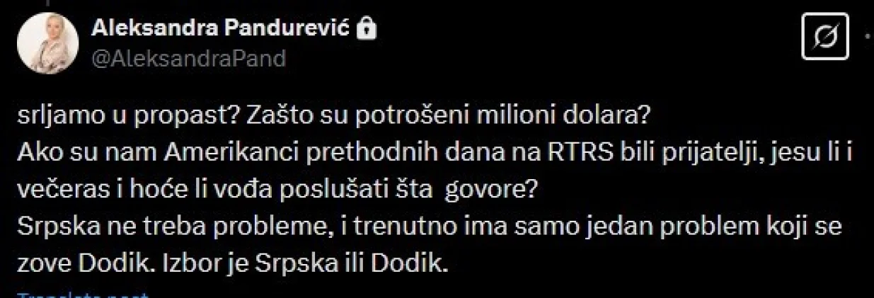 Poruka Aleksandre Pandurević na X-u/