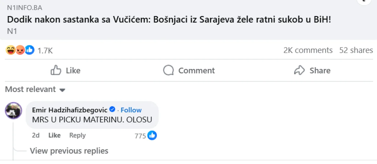 Komentar Emira Hadžihafizbegovića, Milorad Dodik//