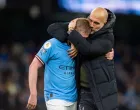 epa10288341 Manchester City manager Pep Guardiola celebrates with Manchester City's Kevin De Bruyne after the English Premier League soccer match between Manchester City and Fulham at the Etihad in Manchester, Britain, 05 November 2022. EPA/PETER POWELL EDITORIAL USE ONLY. No use with unauthorized audio, video, data, fixture lists, club/league logos or 'live' services. Online in-match use limited to 120 images, no video emulation. No use in betting, games or single club/league/player publications