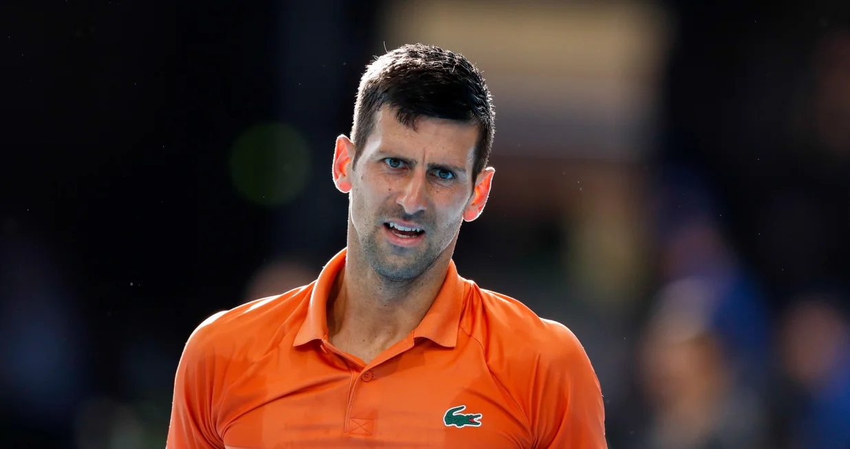 epa10395118 Novak Djokovic of Serbia looks on during his match against Sebastian Korda of the United States in the Men's Singles Final 2023 Adelaide International Tennis Tournament at the Memorial Drive Tennis Centre in Adelaide, Australia, 08 January 2023. EPA/MATT TURNER AUSTRALIA AND NEW ZEALAND OUT