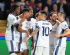 Soccer Football - Champions League - Semi Final - First Leg - FC Barcelona v Inter Milan - Estadi Olimpic Lluis Companys, Barcelona, Spain - April 30, 2025 Inter Milan's Denzel Dumfries celebrates scoring their second goal with teammates REUTERS/Nacho Doce