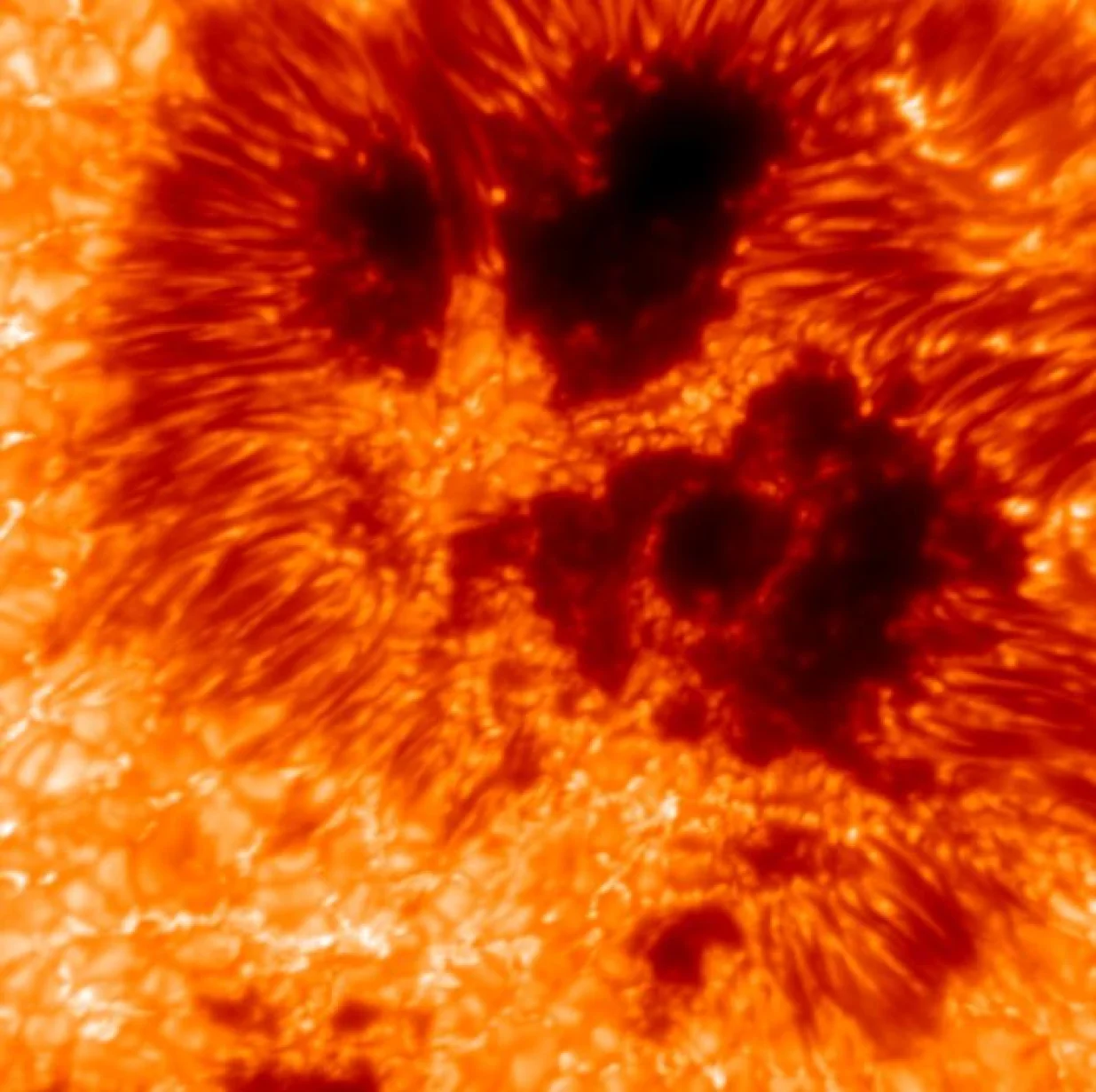 Uskopojasna slika Sunca na talasnoj dužini od λ=588,9 nm - slika dobro poznate solarne natrijumske linije, poznate i kao "NaD linija". Slika je dobijena tokom nedavnih napora za detekciju prvog svjetla pomoću VTF-a na Inouyeu i pokazuje koliko precizno se strukture unutar sunčeve pjege razlučuju - i implicira koliko se temeljno mogu ispitati kombinovanjem svih podataka (slika, spektroskopija i polarimetrija) dostupnih sa VTF-a. Svaki piksel u originalnoj verziji slike odgovara 10 km (ili 6,2 milje) na Suncu./