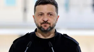 Ukranian President Voloydmyr Zelensky speaks during a press conference in the grounds of the Mariinskyi Palace in Kyiv, Ukraine, May 10, 2025. Ludovic Marin/Pool via REUTERS/Ludovic Marin