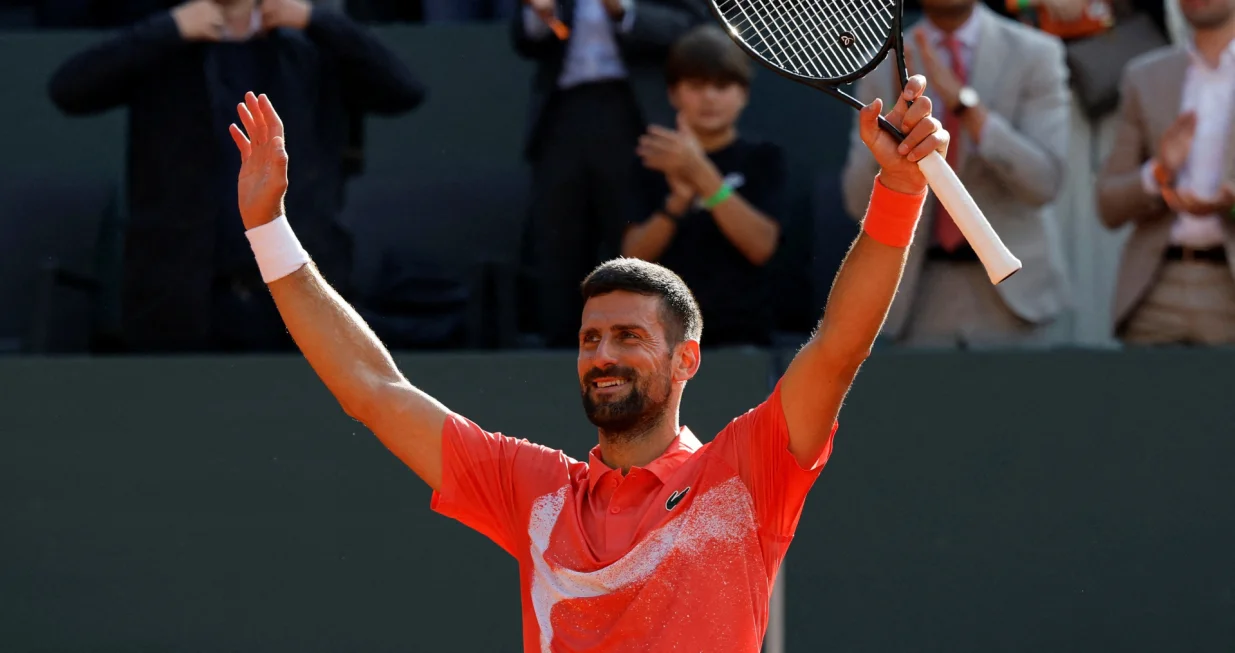 Tennis - Geneva Open - Tennis Club de Geneve, Geneva, Switzerland - May 23, 2025 Serbia's Novak Djokovic celebrates winning his semi final match against Britain's Cameron Norrie REUTERS/Stefan Wermuth TPX IMAGES OF THE DAY