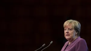 epa10241816 President of the Jury of the Gulbenkian Prize for Humanity, Angela Merkel, delivering her speech at the cerimony of the atribution of the prize at Calouste Gulbenkian Foundation, Lisbon, Portugal, 13 October 2022. EPA/TIAGO PETINGA/Tiago Petinga
