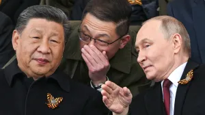 Moskva, Rusija - 9. maj 2025:Brojni zvaničnici prisustvovali su u petak obilježavanja Dana pobjede u Moskvi, a prisutnima se obratio predsjednik Ruske Federacije Vladimir Putin, tokom održavanja vojne parade na cvjetnom trgu kojoj su nazočili državnici poput kineskog predsjednika Xi Jinpinga (L) (Ilya Pitalev/RIA Novosti - Anadolu Agency)/