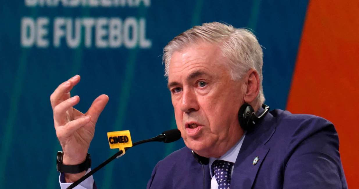 Soccer Football - Brazil unveils new coach Carlo Ancelotti - Grand Hyatt, Rio de Janeiro, Brazil - May 26, 2025 New Brazil coach Carlo Ancelotti during the press conference REUTERS/Ricardo Moraes TPX IMAGES OF THE DAY