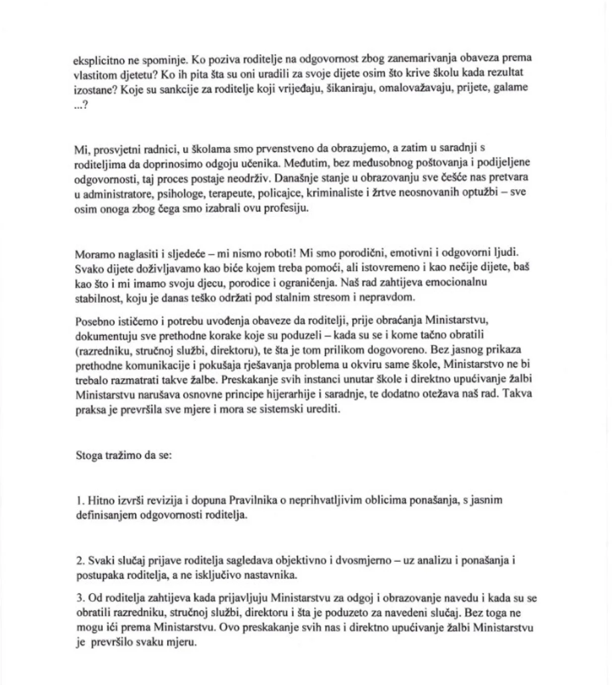 Otvoreno pismo uposlenika JU OŠ fatima Gunića/