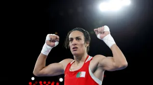 FILE PHOTO: Paris 2024 Olympics - Boxing - Women's 66kg - Final - Roland-Garros Stadium, Paris, France - August 09, 2024. Imane Khelif of Algeria celebrates winning against Liu Yang of China. REUTERS/Peter Cziborra/File Photo