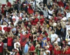 epa09449970 Fans of Albania celebrate after the FIFA World Cup 2022 qualifying soccer match between Albania and Hungary in Elbasan, Albania, 05 September 2021. EPA/MALTON DIBRA