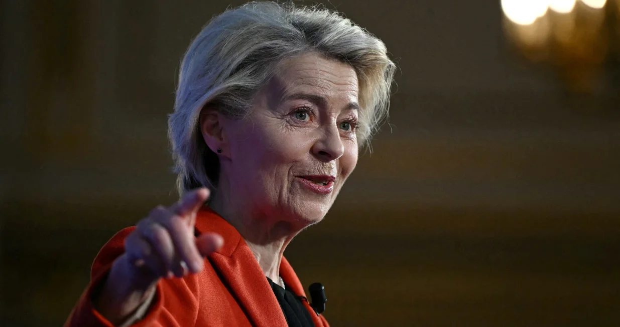 FILE PHOTO: European Commission President Ursula von der Leyen delivers a keynote speech during the Future of Energy Security Summit, hosted by the International Energy Agency and UK Government at Lancaster House in London, on April 24, 2025. JUSTIN TALLIS/Pool via REUTERS/File Photo/Justin Tallis
