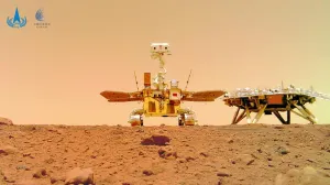 (210611) -- BEIJING, June 11, 2021 (Xinhua) -- Photo released on June 11, 2021 by the China National Space Administration (CNSA) shows a selfie of China's first Mars rover Zhurong with the landing platform. The China National Space Administration Friday released new images taken by the country's first Mars rover Zhurong, showing national flag on the red planet. The images were unveiled at a ceremony in Beijing, signifying a complete success of China's first mars exploration mission. The images include the landing site panorama, Martian landscape and a selfie of the rover with the landing platform. (CNSA/Handout via Xinhua)/Jin Liwang