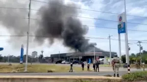 Smoke rises from a convenience store at a gas station, amid the clashes between Thailand and Cambodia, in Kantharalak district, Sisaket province, Thailand, July 24, 2025, in this screengrab obtained from a handout video. TPBS/Handout via REUTERS THIS IMAGE HAS BEEN SUPPLIED BY A THIRD PARTY. THAILAND OUT. NO COMMERCIAL OR EDITORIAL SALES IN THAILAND./Tpbs