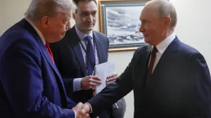 U.S. President Donald Trump shakes hands with Russian President Vladimir Putin before a joint news conference following their meeting at Joint Base Elmendorf-Richardson in Anchorage, Alaska, U.S., August 15, 2025. Sputnik/Gavriil Grigorov/Pool via REUTERS ATTENTION EDITORS - THIS IMAGE WAS PROVIDED BY A THIRD PARTY./Gavriil Grigorov