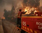 A firefighter helps to extinguish a wildfire approaching Benvende, in Trancoso, Portugal, August 14, 2025. REUTERS/Pedro Nunes/Pedro Nunes
