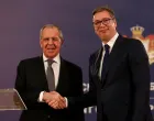 epa09517266 Serbian President Aleksandar Vucic (R) shakes hands with Russian Foreign Minister Sergei Lavrov (L) after their meeting in Belgrade, Serbia, 10 October 2021. Foreign Minister Lavrov is on an official visit to Serbia. EPA/ANDREJ CUKIC/Andrej Cukic