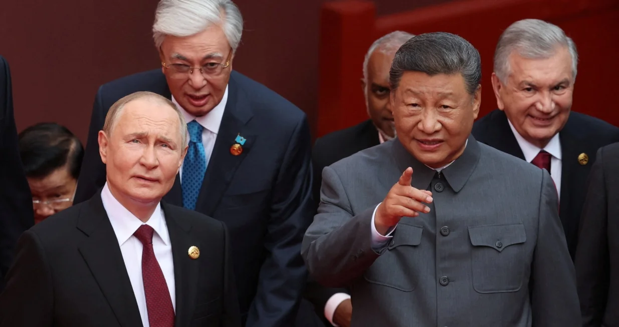 Russian President Vladimir Putin, Kazakh President Kassym-Jomart Tokayev, Chinese President Xi Jinping and Uzbek President Shavkat Mirziyoyev arrive for a military parade marking the 80th anniversary of the end of World War Two, in Beijing, China September 3, 2025. Sputnik/Alexander Kazakov/Pool via REUTERS ATTENTION EDITORS - THIS IMAGE WAS PROVIDED BY A THIRD PARTY./Alexander Kazakov