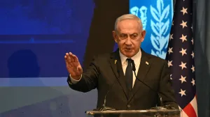 Israeli Prime Minister Benjamin Netanyahu speaks at the opening event of the largest-ever bipartisan delegation of American legislators to Israel at the Foreign Ministry in Jerusalem on Monday, September 15, 2025. Debbie Hill/Pool via REUTERS/Debbie Hill