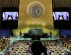 Palestinian President Mahmoud Abbas appears on screens as he addresses the 80th United Nations General Assembly (UNGA), at the U.N. headquarters in New York, U.S., September 25, 2025. REUTERS/Jeenah Moon/Jeenah Moon