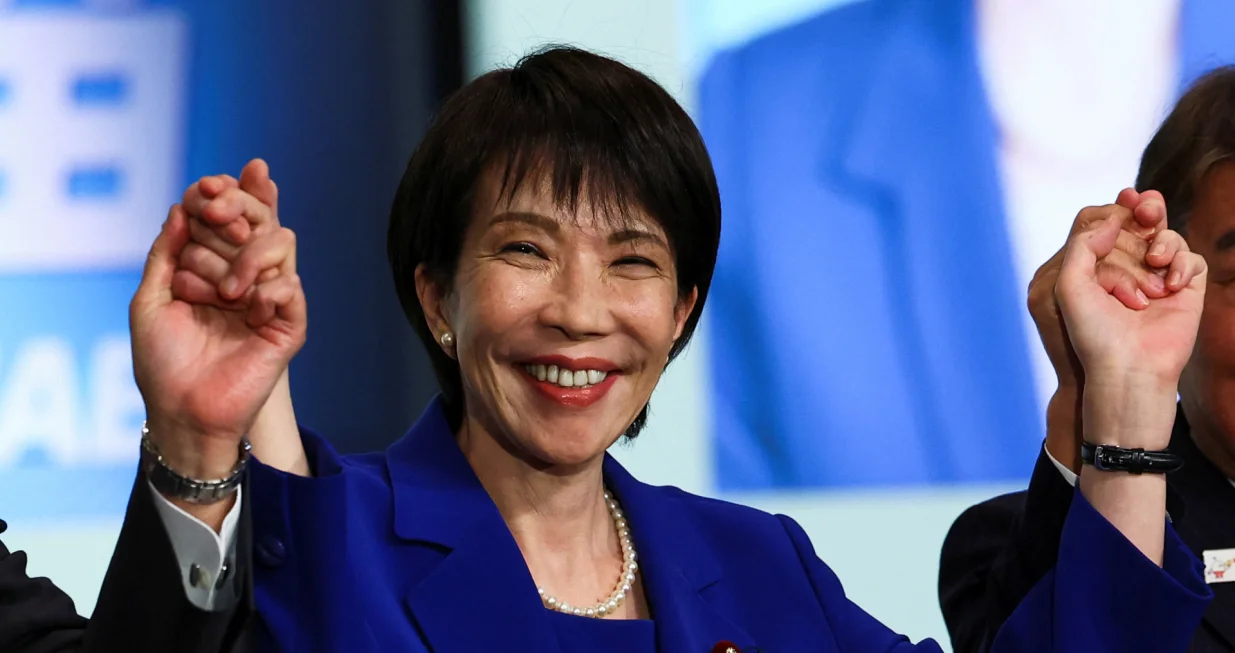 Newly-elected Liberal Democratic Party (LDP) leader Sanae Takaichi celebrates after winning the LDP leadership election in Tokyo, Japan, October 4, 2025. REUTERS/Kim Kyung-Hoon/Pool/Kim Kyung-hoon