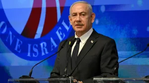 Israeli Prime Minister Benjamin Netanyahu speaks at the opening event of the largest-ever bipartisan delegation of American legislators to Israel at the Foreign Ministry in Jerusalem on Monday, September 15, 2025. Debbie Hill/Pool via REUTERS/Debbie Hill