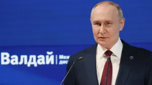 Russia's President Vladimir Putin delivers a speech during the Valdai Discussion Club annual international conference in Sochi, Russia, October 2, 2025. Sputnik/Mikhail Metzel/Pool via REUTERS ATTENTION EDITORS - THIS IMAGE WAS PROVIDED BY A THIRD PARTY./Mikhail Metzel