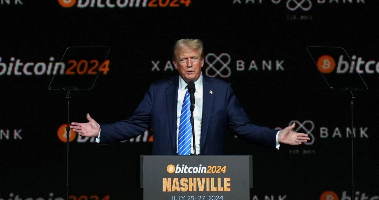 FILE PHOTO: Republican presidential nominee and former U.S. President Donald Trump speaks at the Bitcoin 2024 event in Nashville, Tennessee, U.S., July 27, 2024. REUTERS/Kevin Wurm/File Photo/Kevin Wurm